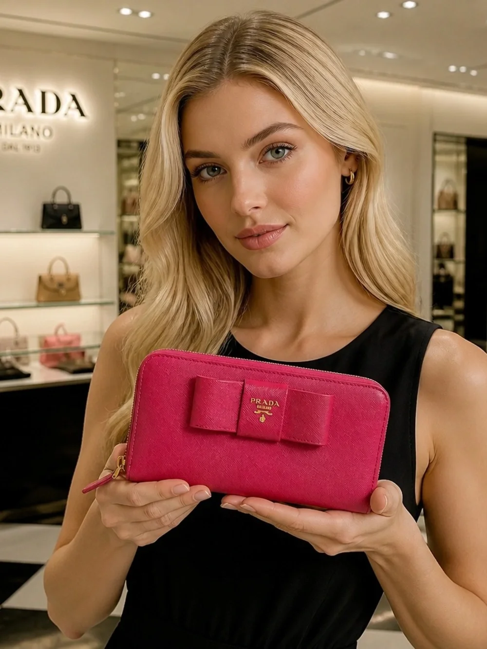 GUC Prada Pink Saffiano Metal Leather Bow Continental Wallet